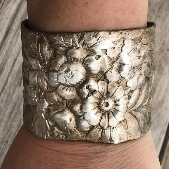 Antique Sterling Silver Bracelet Art Nouveau Floral Cuff 925 Gorham Victorian - Picture 1 of 8